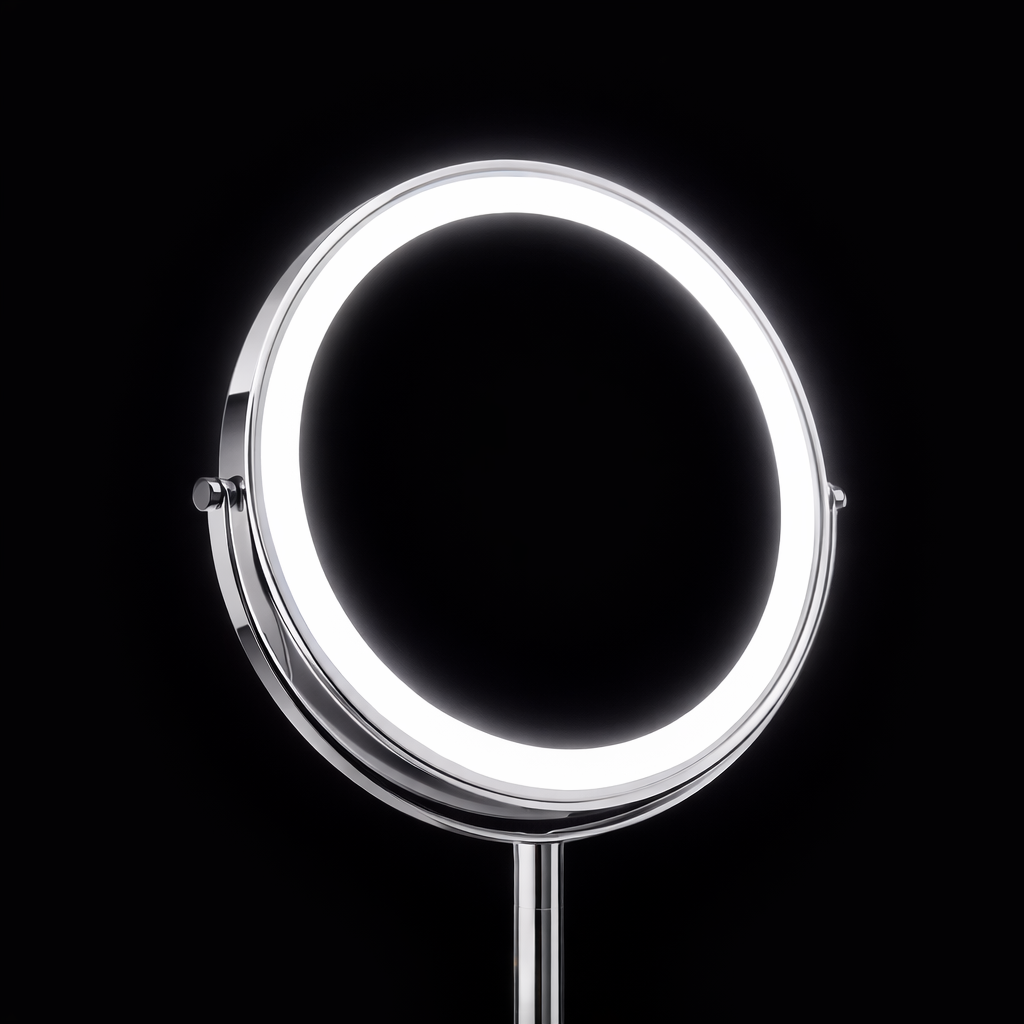 led lighted makeup mirror close-up showing illuminated LED ring on chrome edge