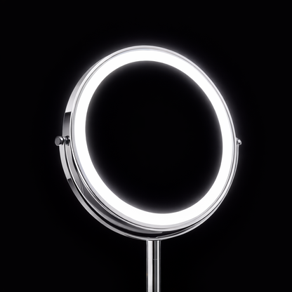 led lighted makeup mirror close-up showing illuminated LED ring on chrome edge