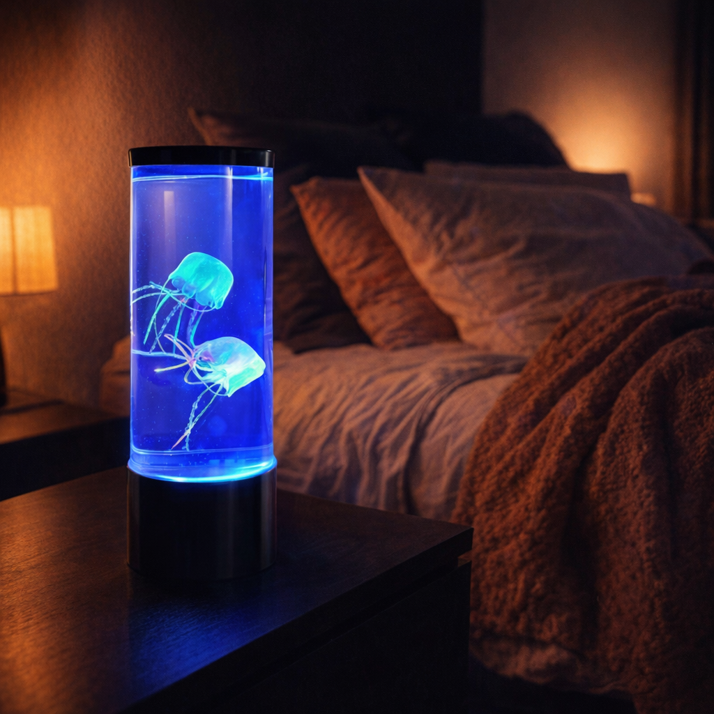 jellyfish mood lamp glowing on bedroom nightstand