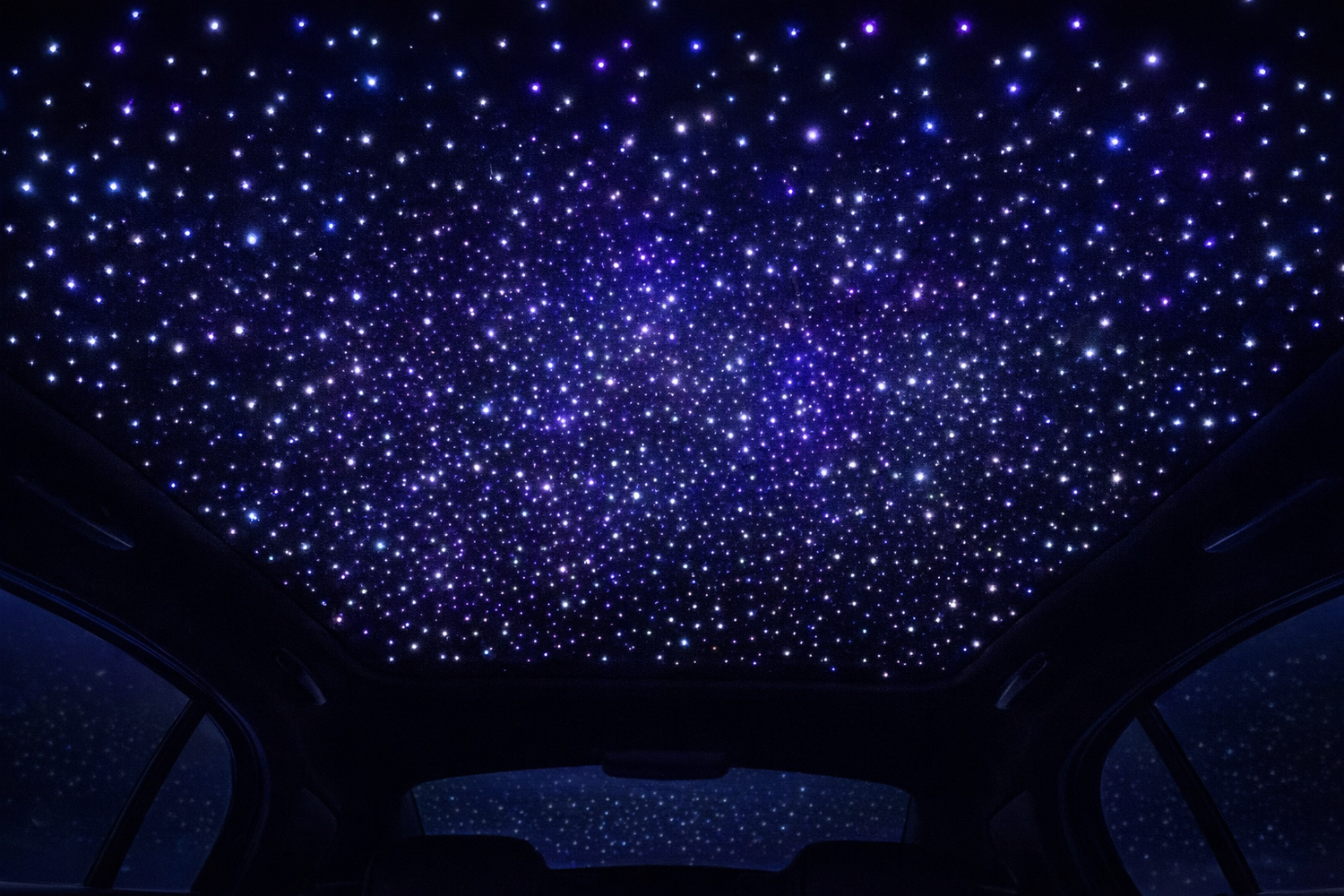 fiber optic star lights installed in car headliner ceiling