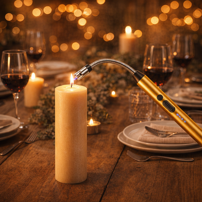 electric candle lighter lighting pillar candle on rustic dinner table
