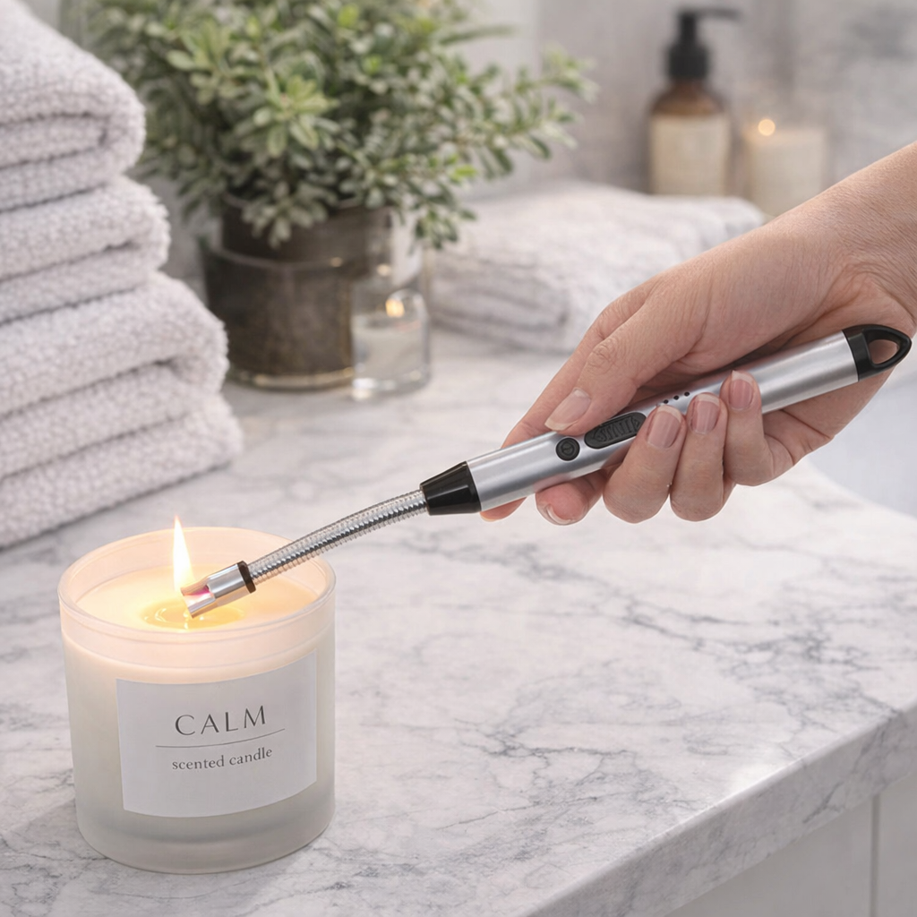 long lighter being used to light scented candle in spa bathroom