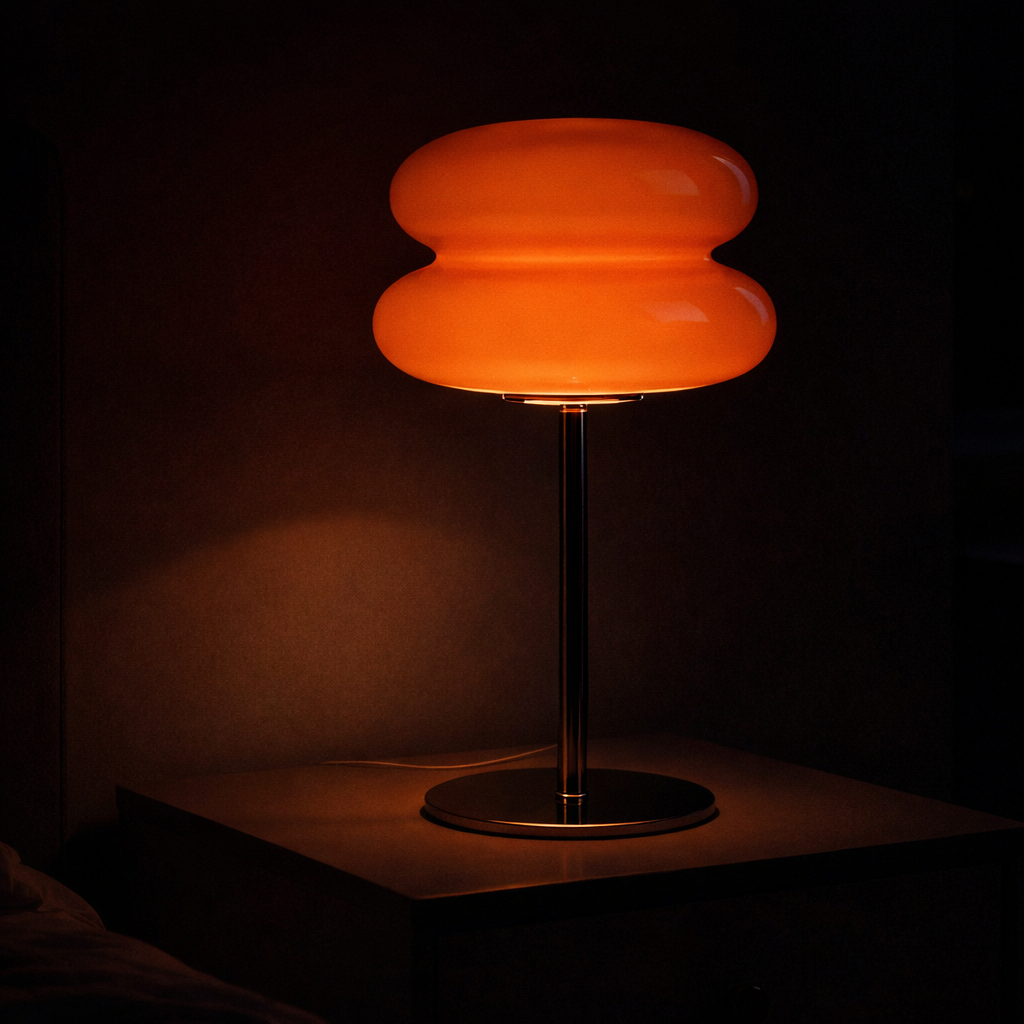 dimmable mini table lamp glowing softly in dark room