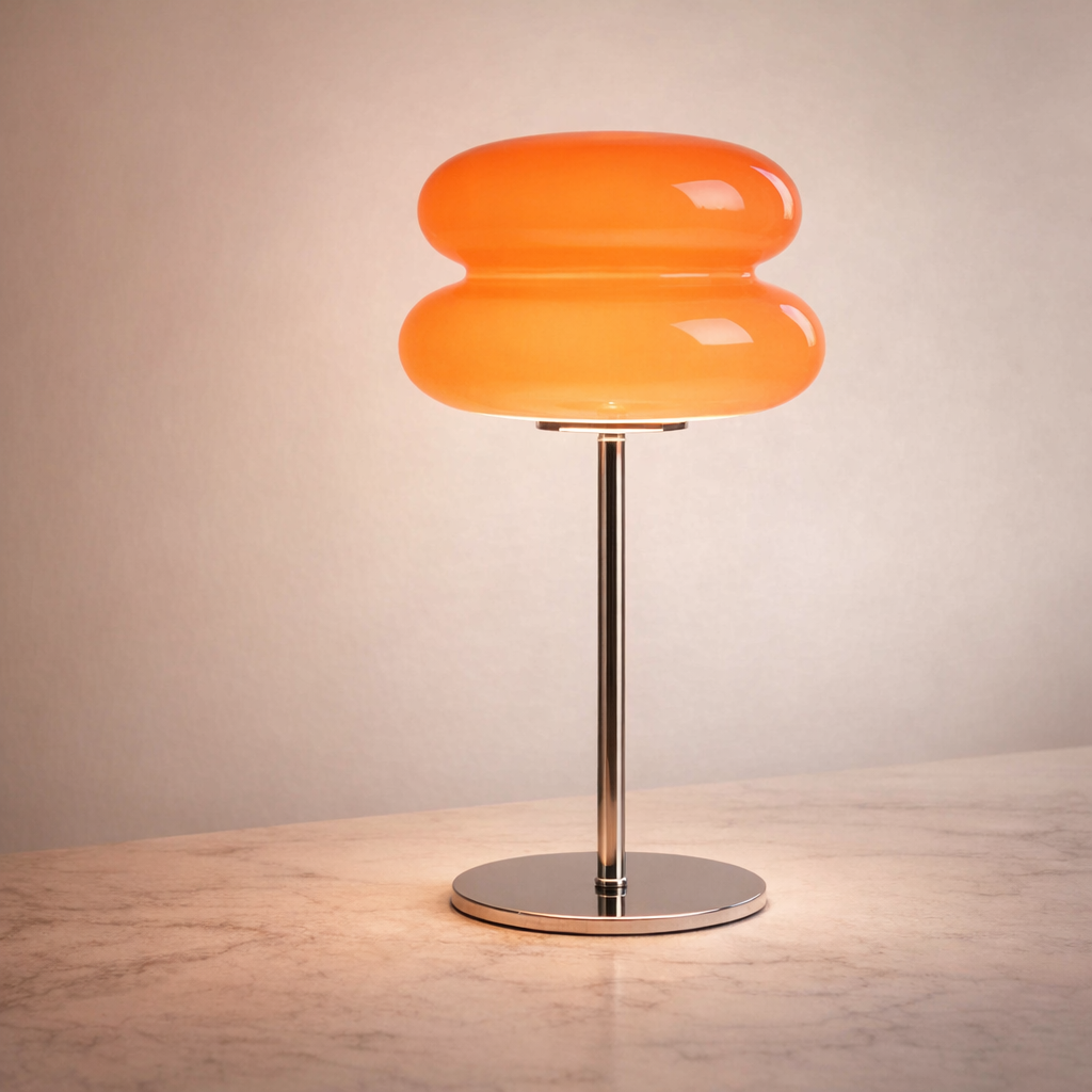 hand-blown glass mini lamp glowing on marble surface