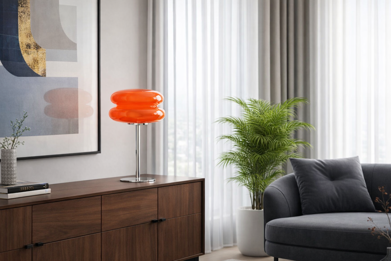 cordless mini lamp on walnut credenza in bright living room
