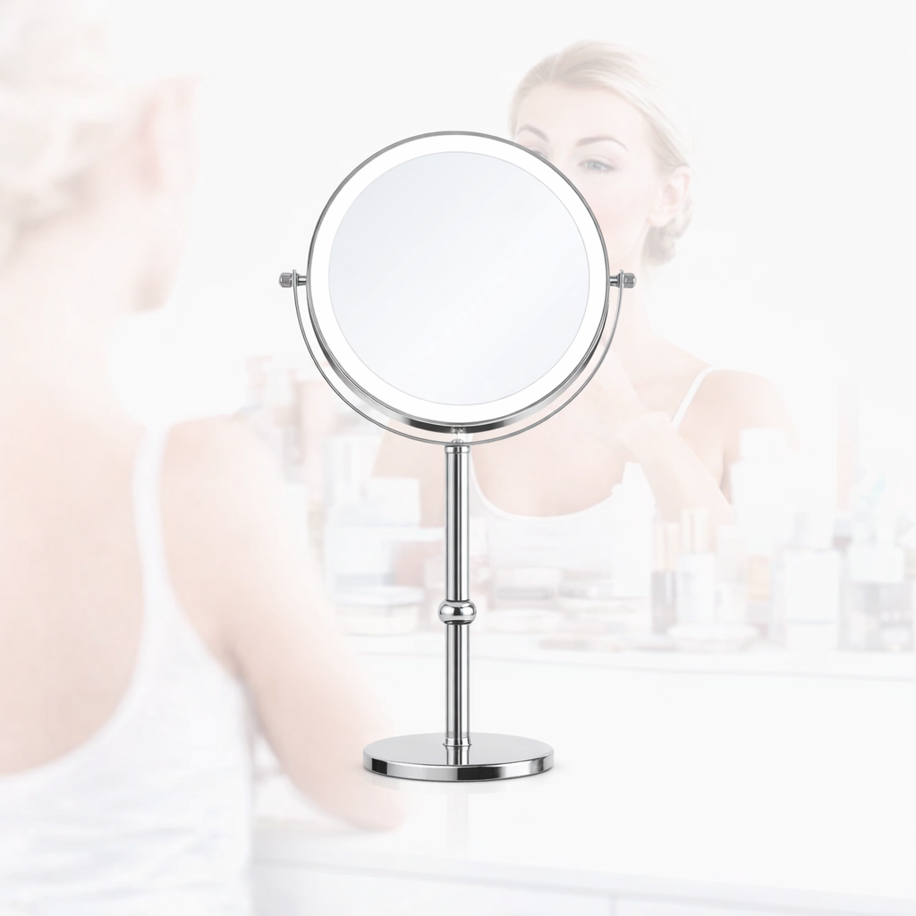 lighted magnifying makeup mirror showing dual-sided 1x and 10x magnification