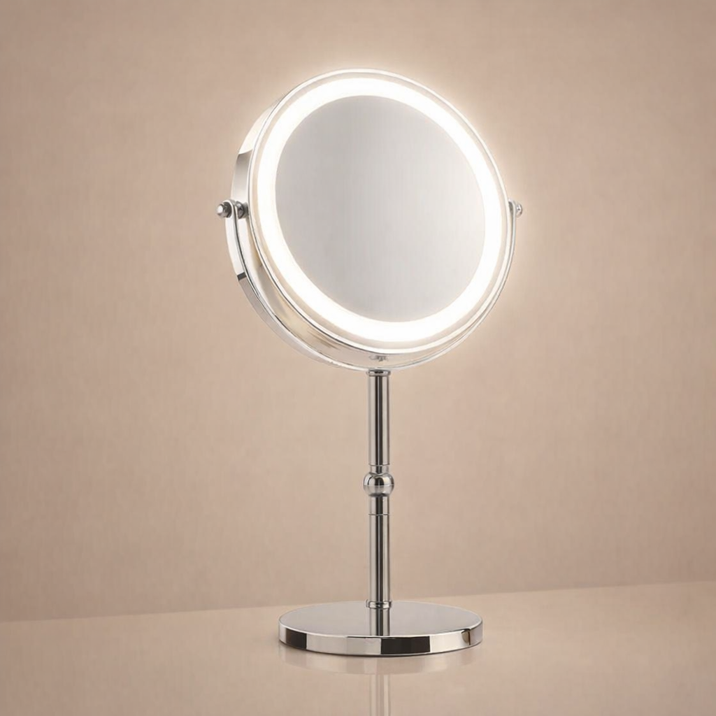led makeup mirror portable with warm LED glow on vanity surface