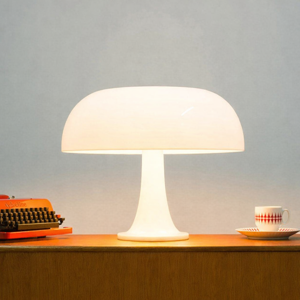 led mushroom lamp with retro typewriter desk setup
