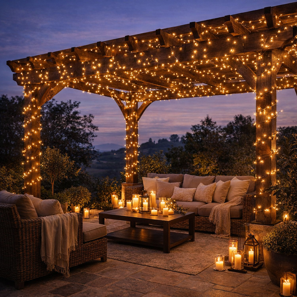 led fairy lights wrapped around rustic wooden pergola on elegant outdoor patio at twilight