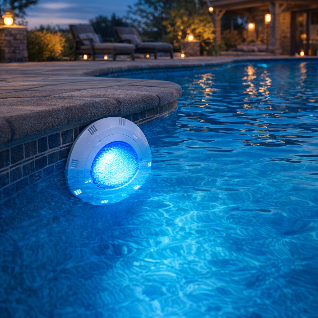 led pool lights glowing blue underwater in luxury in-ground pool at twilight