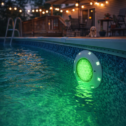 above ground pool lights glowing green in family backyard with string lights
