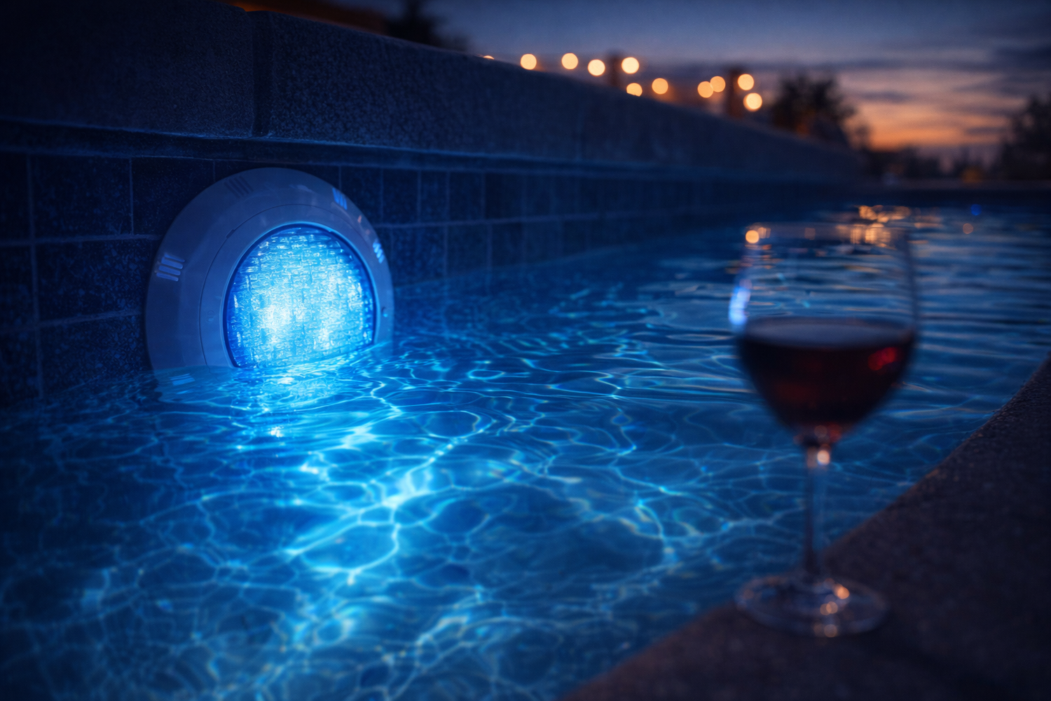 led pool lights glowing blue in luxury pool at twilight with wine glass on deck
