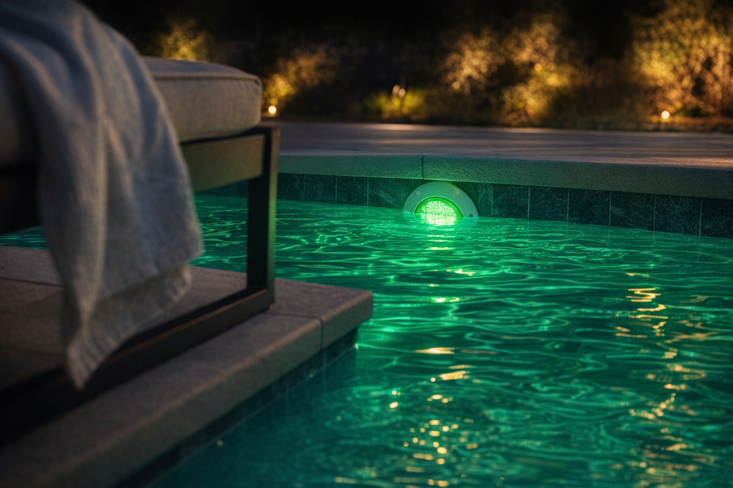 above ground pool lights glowing green with lounge chair and towel in foreground