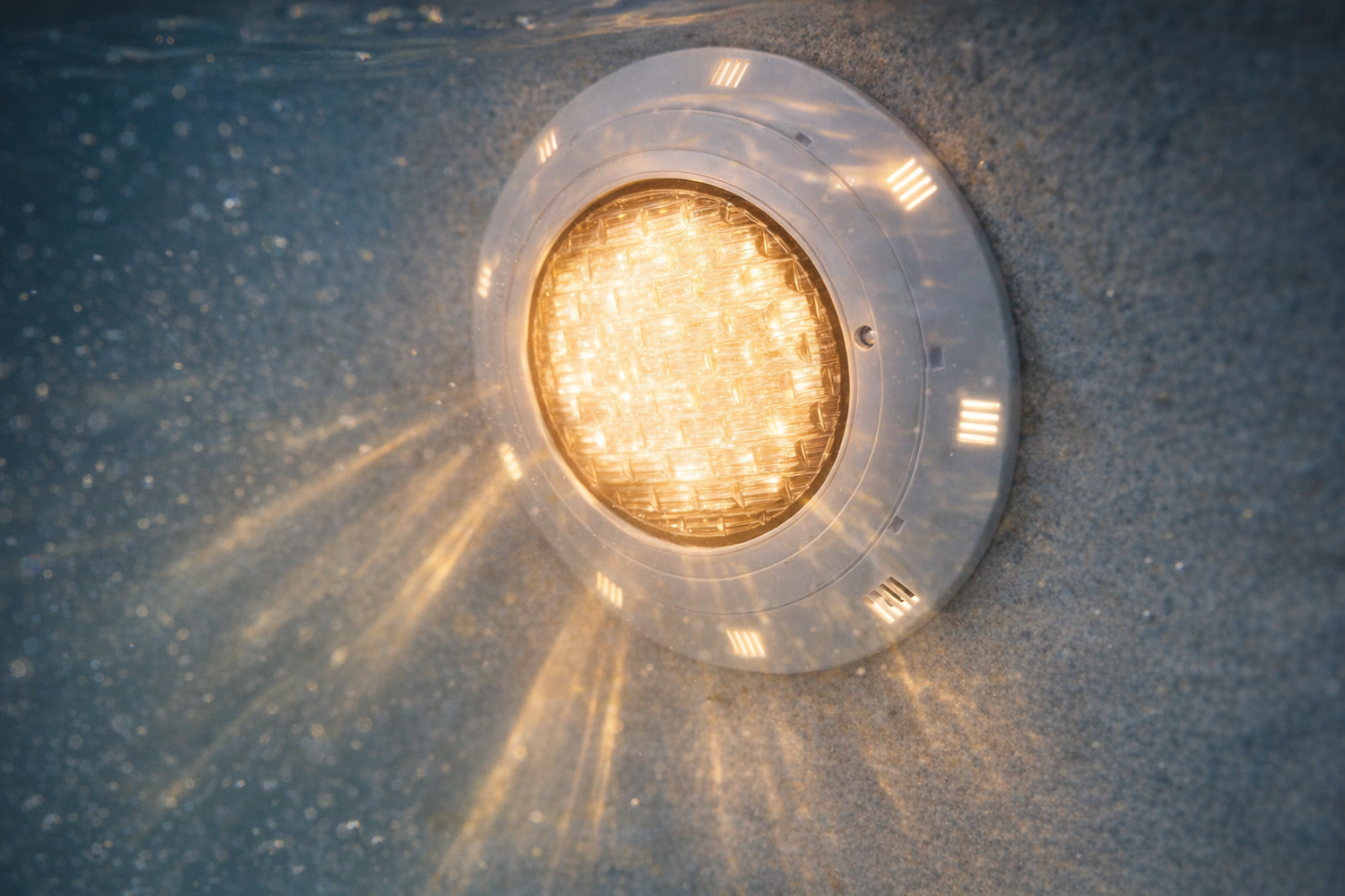 led underwater pool lights warm white close-up with light beams through water
