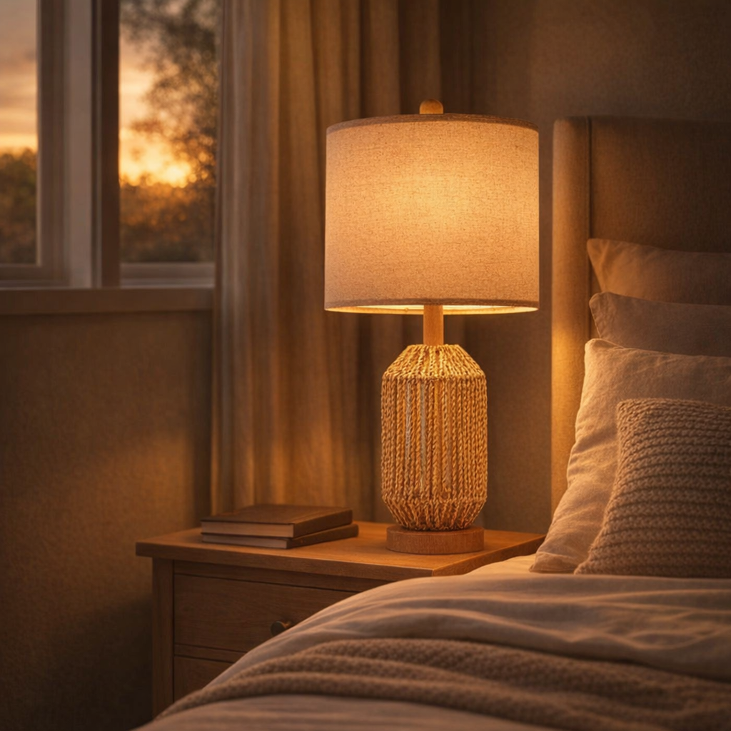 rattan desk lamp glowing warmly on bedroom nightstand at golden hour