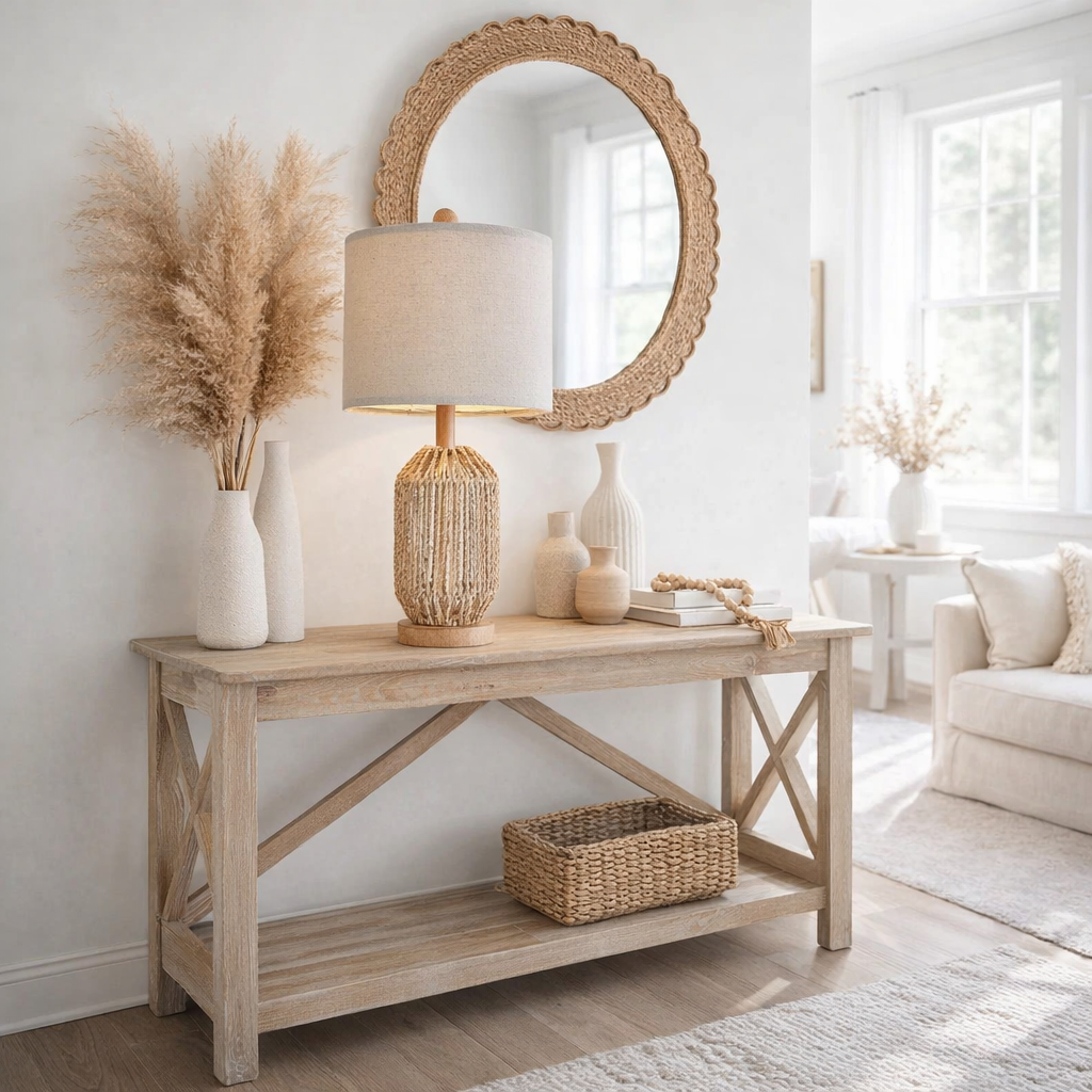 boho rattan lamp on coastal console table with pampas grass and neutral decor