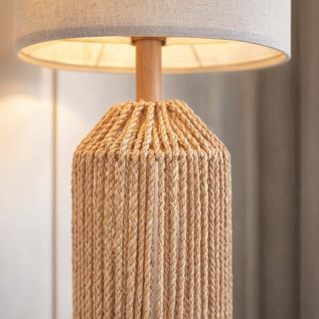 mini rattan lamp closeup showing hand-woven rope texture and linen shade