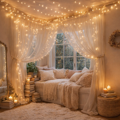 fairy lights with remote strung along cozy bohemian bedroom reading nook with sheer curtains