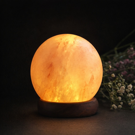 salt rock lamp glowing warm amber on wood base