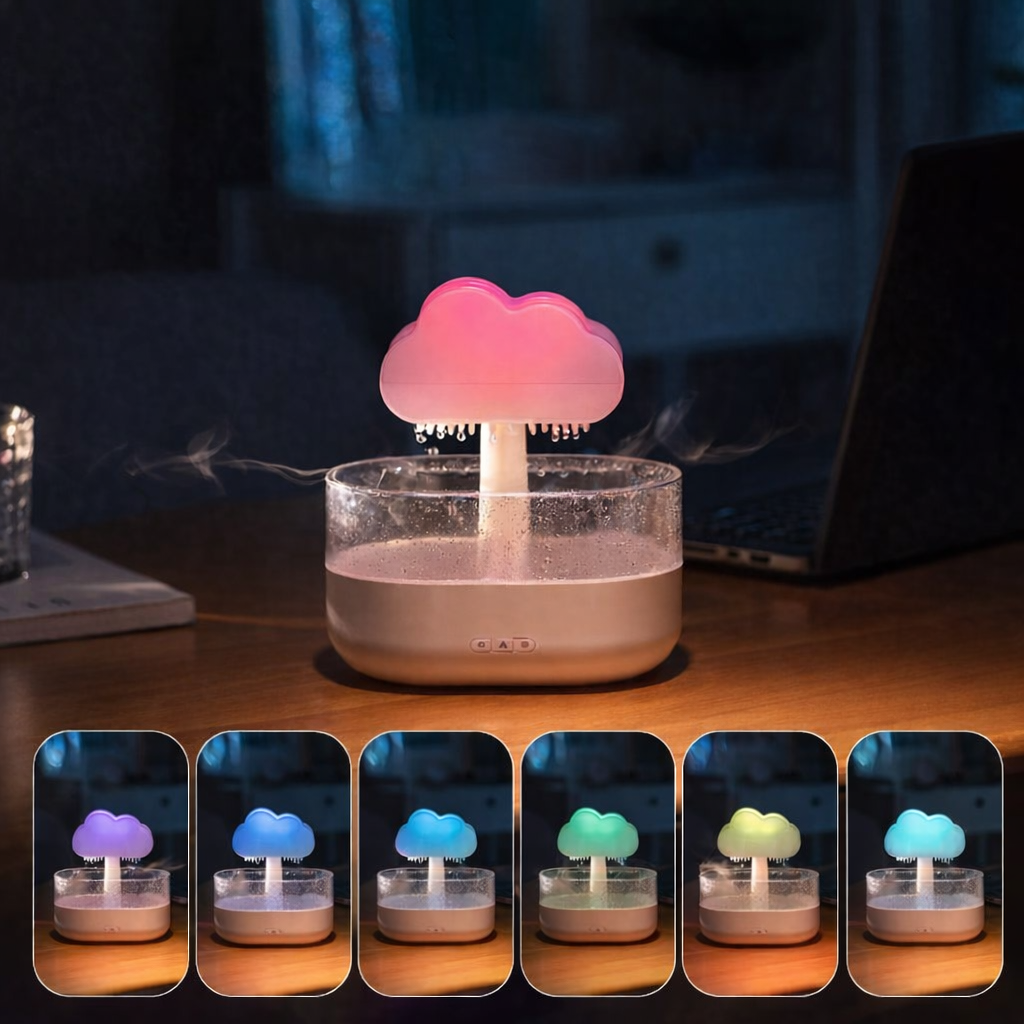 rainfall humidifier showing 7-color LED light options