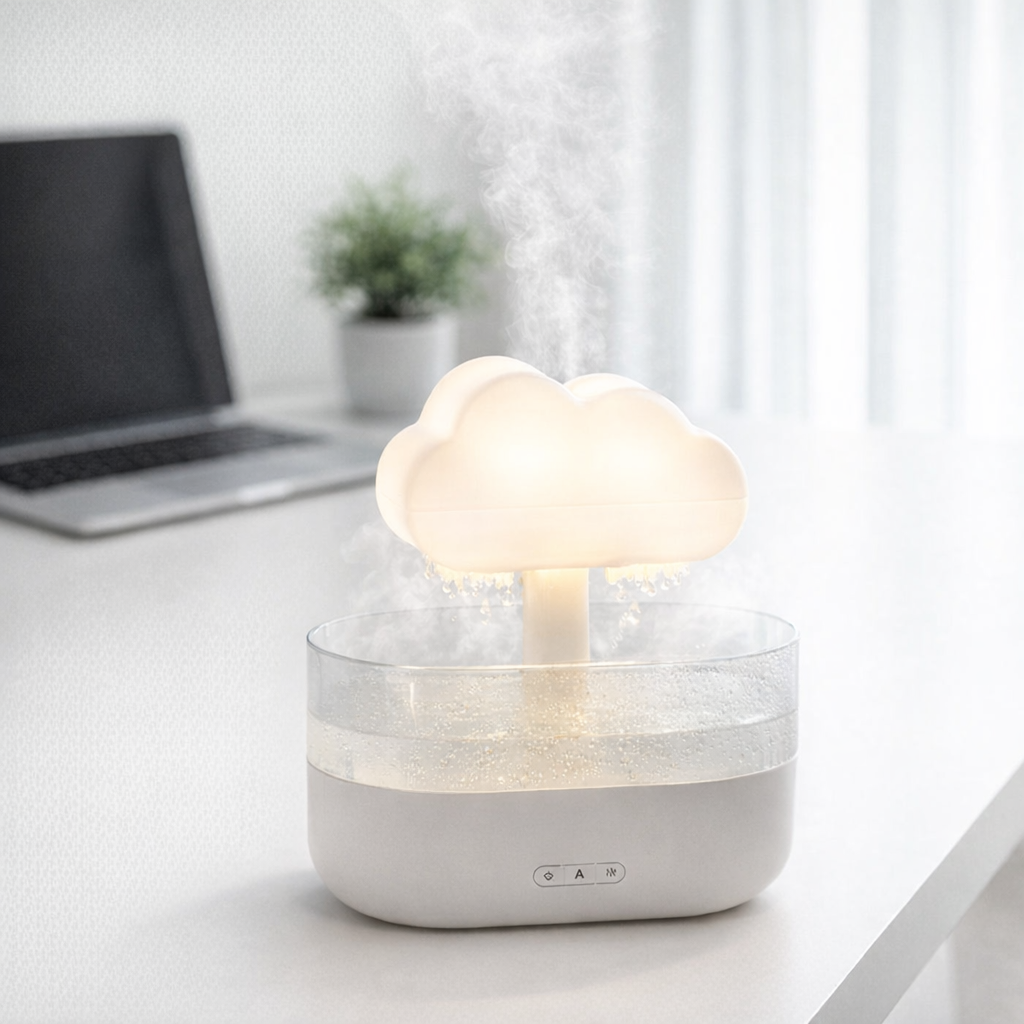 raincloud humidifier on minimalist home office desk