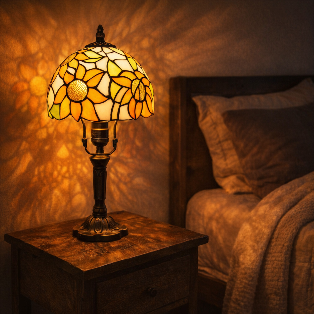 stained glass lamp casting warm colorful light on bedroom nightstand