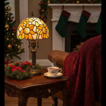 stained glass night lamp glowing on side table in cozy Christmas living room