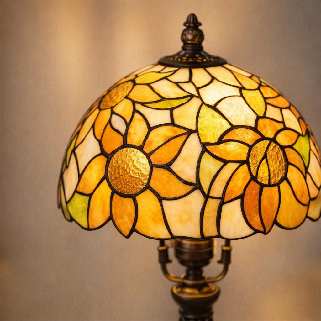 small stained glass lamp shade close-up showing hand-painted sunflower glass details