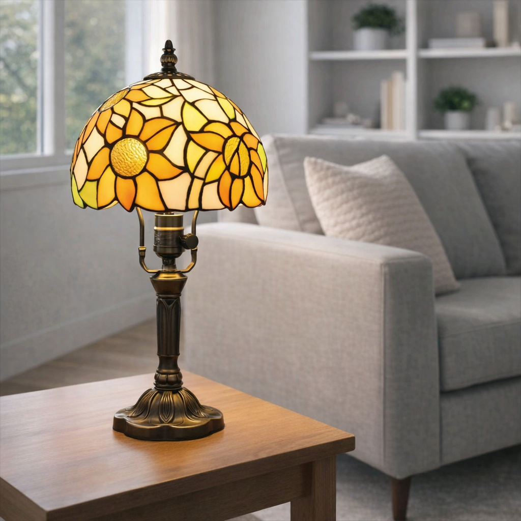 stained glass table lamp with dimmable knob switch on living room side table