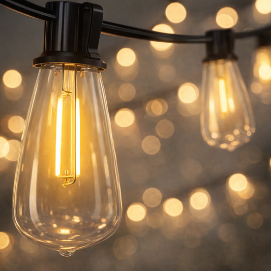 string light bulbs warm Edison filament close-up with bokeh