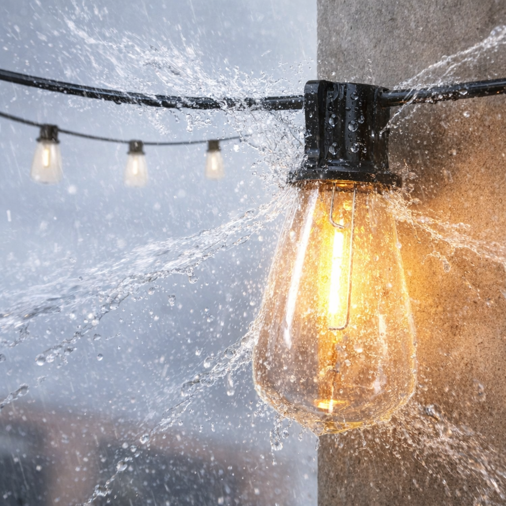 waterproof led string bulbs close-up in rain showing IP65 durability