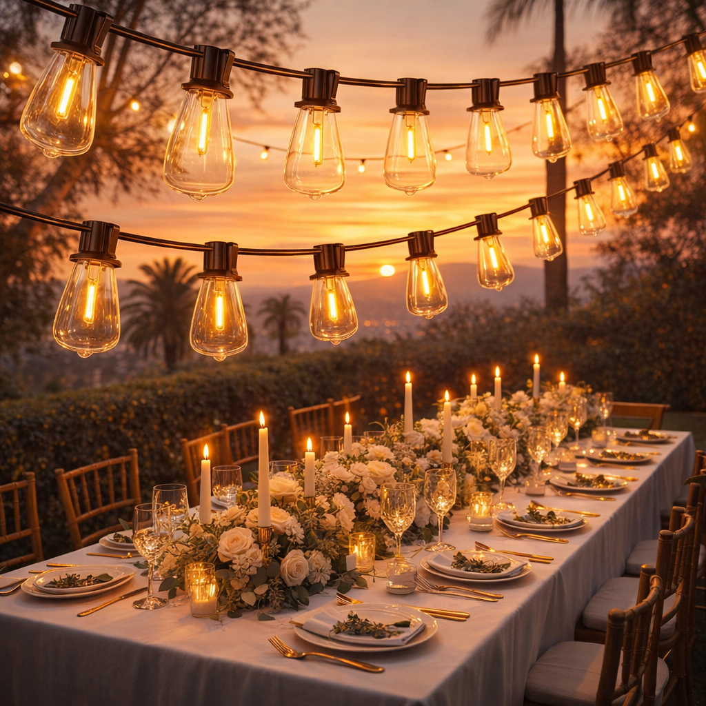 patio string bulbs hanging over elegant outdoor dinner table at sunset