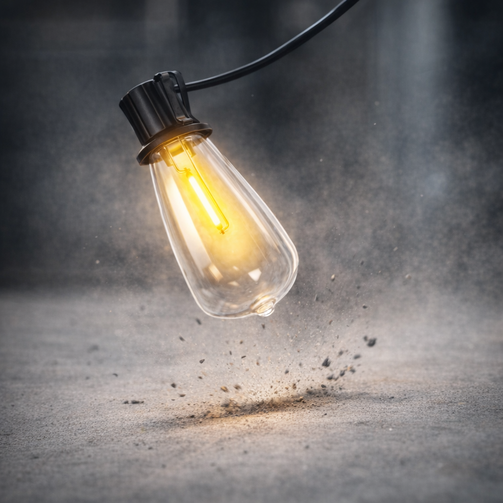 shatterproof string light bulbs bouncing on concrete surface