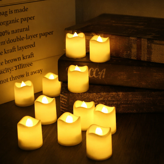 battery tea lights warm glow on rustic table with vintage books