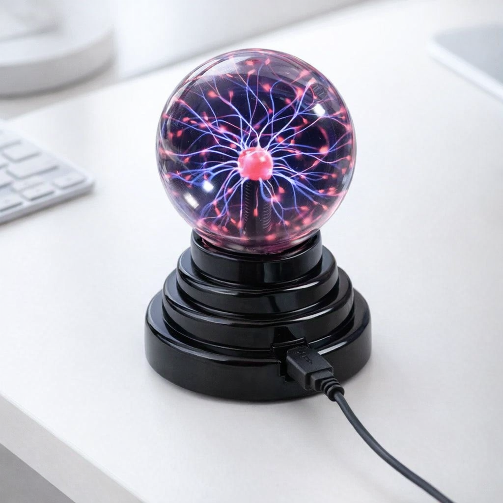 large plasma ball on white desk showing USB power cable and compact size