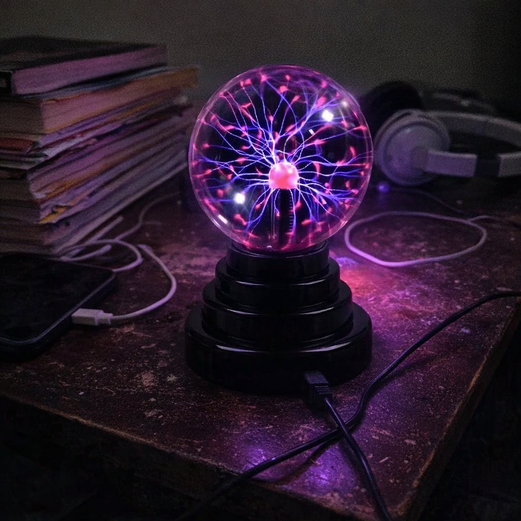 plasma globe on desk casting purple glow with books and headphones nearby