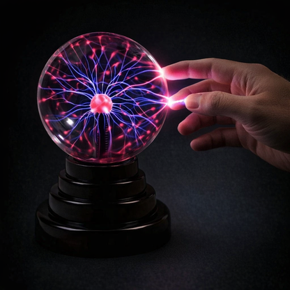 plasma ball lamp responding to touch with electric arcs following fingertips