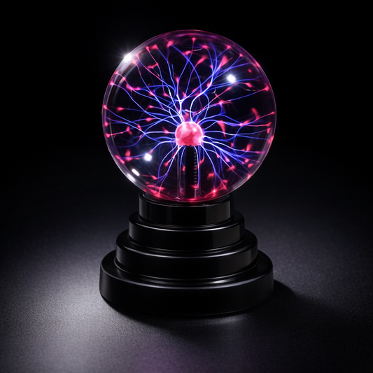 tesla ball plasma globe with vivid pink and blue lightning on black base