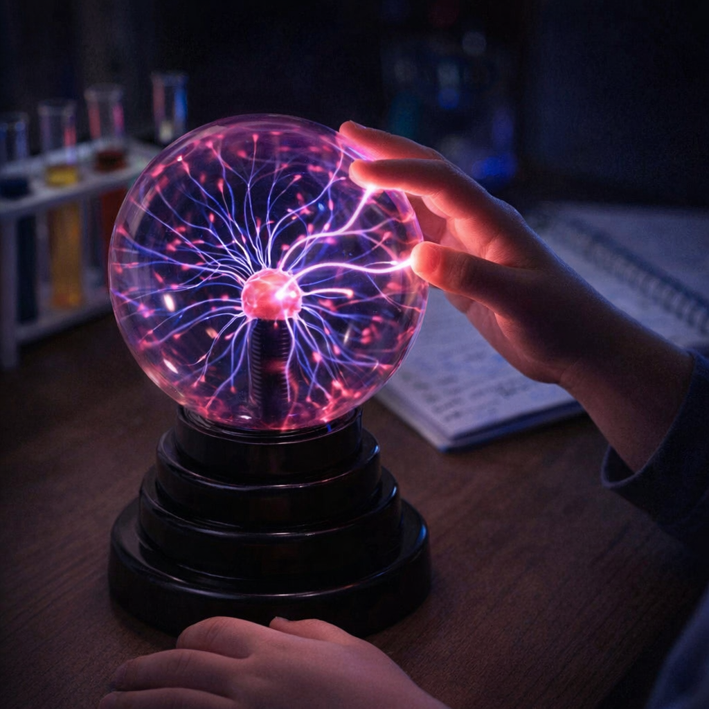 child touching tesla plasma ball with lightning arcs following fingertips