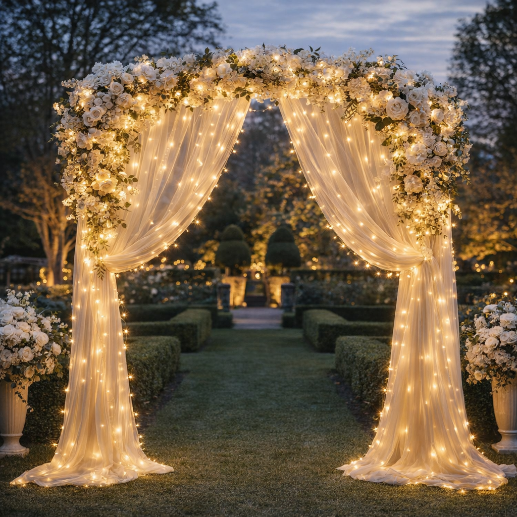 battery powered fairy lights decorating elegant outdoor wedding arch with white flowers at dusk