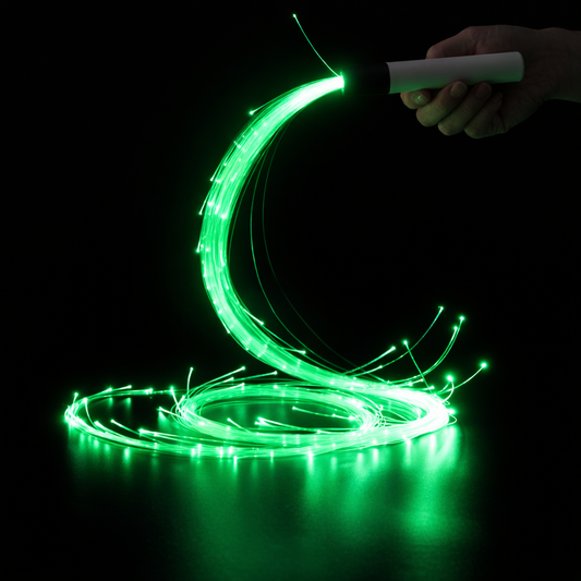 light whip glowing green fiber optic strands held in hand against dark background