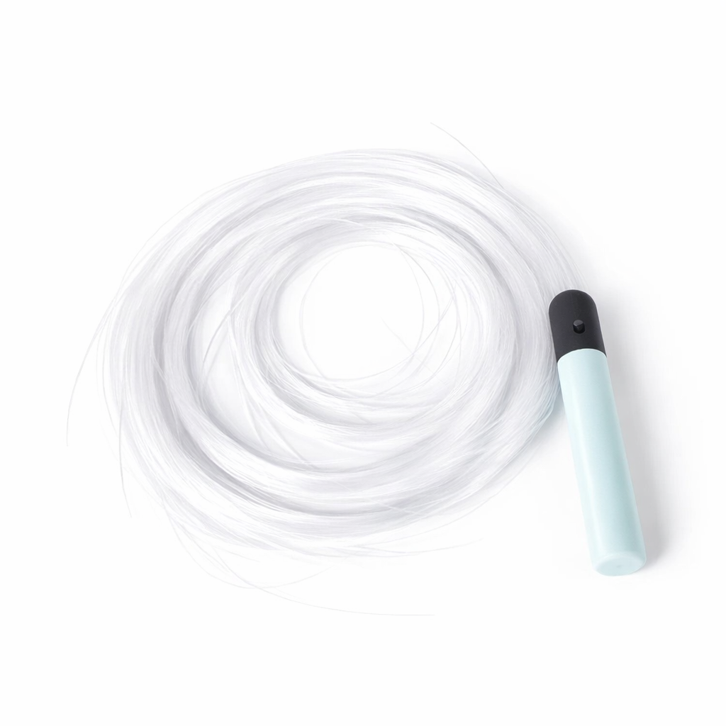 fiber optic whip coiled showing translucent strands and light blue handle on white background