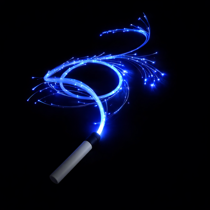 rave whip illuminated blue with fiber optic strands cascading against black backdrop