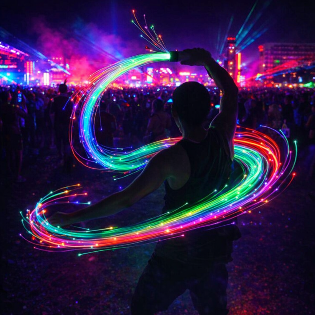 light whip creating vibrant color trails at rave festival