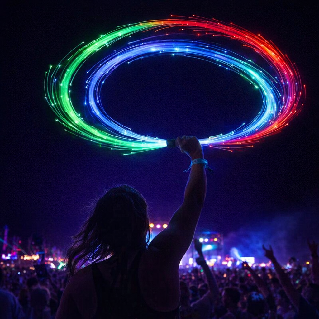 led light whip overhead spin at music festival rainbow colors